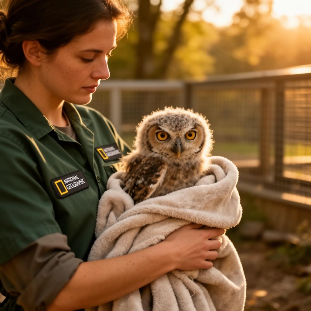 Wildlife rescue volunteer caring for a rescued owl