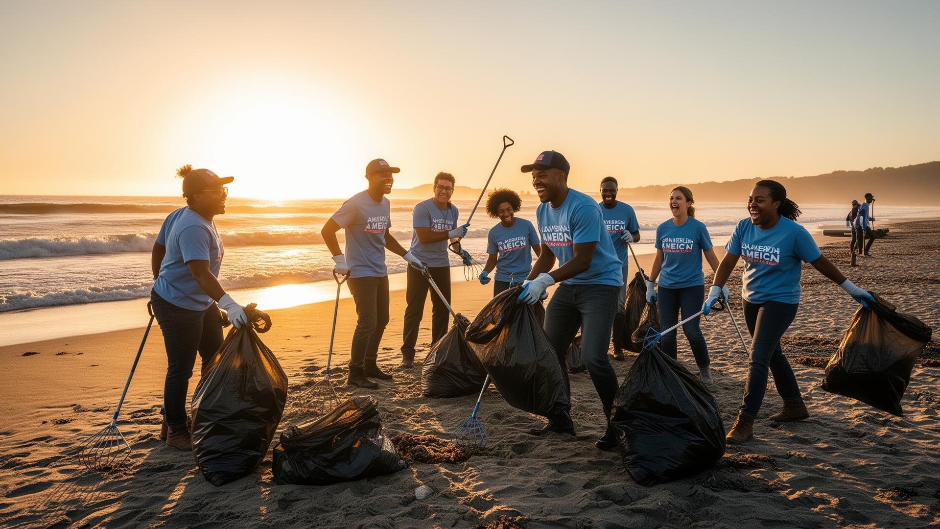 Volunteers cleaning up a Pacific coast beach at sunrise